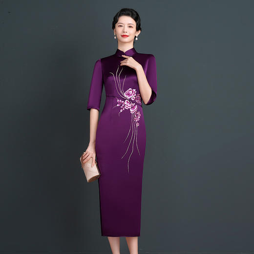 上海旗袍厂NBL-NC20254 紫色醋酸旗袍高贵年轻婚宴装婚宴喜宴喜婆婆参加婚礼礼服秋款 商品图0