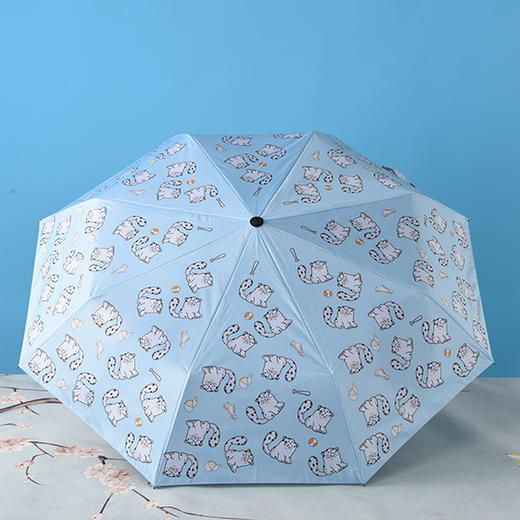 雪豹卡通黑胶全自动折叠浅蓝色小清新三折晴雨伞 商品图3