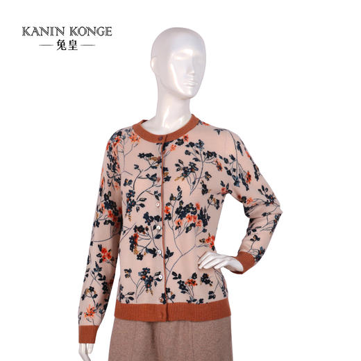 兔皇羊绒圆领撞色印花女开衫TTA212462 商品图0