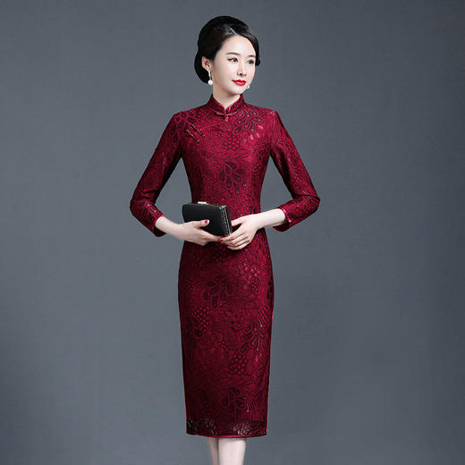 上海旗袍厂NBL-NZ242 枣红 秋冬季喜婆婆婚宴装蕾丝秋装加厚旗袍年轻款气质婚礼服 商品图0