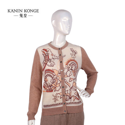 兔皇羊绒圆领撞色印花女开衫TTA212584 商品图0