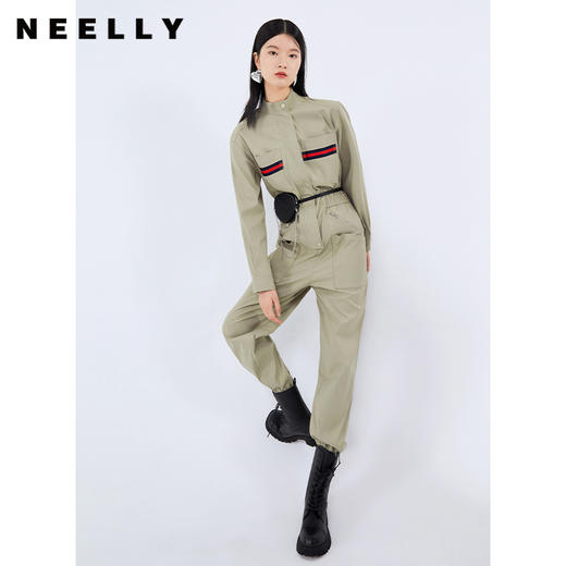 NEELLY纳俪工装风立领连衣裤女宽松百搭工抽绳收腰显瘦连体束脚裤N21081Q01121 商品图1