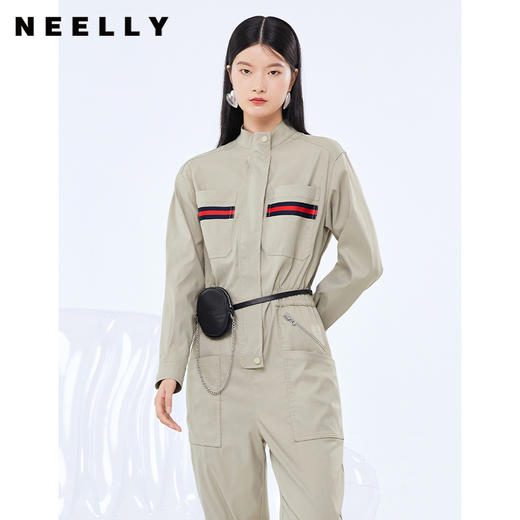 NEELLY纳俪工装风立领连衣裤女宽松百搭工抽绳收腰显瘦连体束脚裤N21081Q01121 商品图0