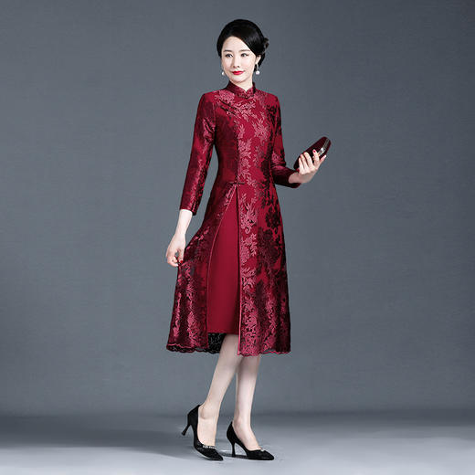 上海旗袍厂NBL-NZ240 酒红 冬天的旗袍内衬加厚酒红连衣裙嫁礼服大码喜婆婆婚宴秋装 商品图1