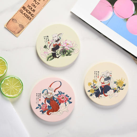 兔狲雪豹硅藻土软木卡通实用圆形防烫茶具杯垫 商品图2