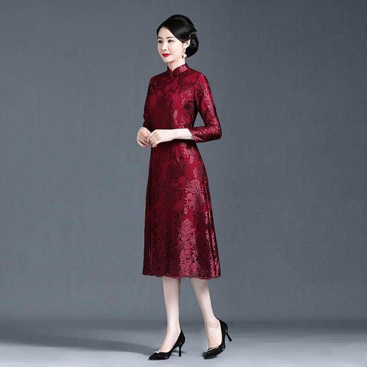上海旗袍厂NBL-NZ240 酒红 冬天的旗袍内衬加厚酒红连衣裙嫁礼服大码喜婆婆婚宴秋装 商品图2
