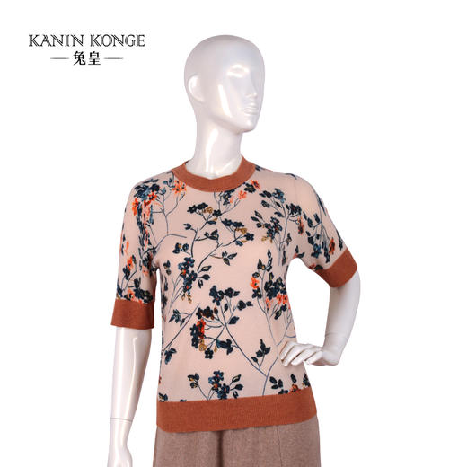 兔皇羊绒圆领印花短袖女套衫TTA212468 商品图0