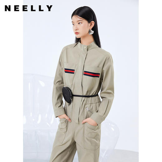 NEELLY纳俪工装风立领连衣裤女宽松百搭工抽绳收腰显瘦连体束脚裤N21081Q01121 商品图2