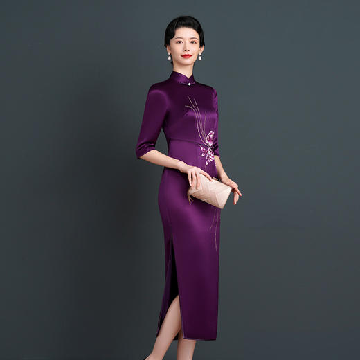 上海旗袍厂NBL-NC20254 紫色醋酸旗袍高贵年轻婚宴装婚宴喜宴喜婆婆参加婚礼礼服秋款 商品图2