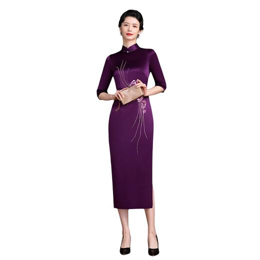 上海旗袍厂NBL-NC20254 紫色醋酸旗袍高贵年轻婚宴装婚宴喜宴喜婆婆参加婚礼礼服秋款 商品图3