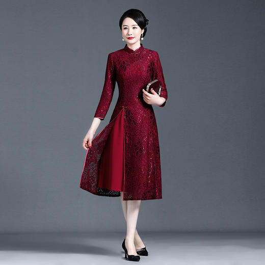 上海旗袍厂WD-WZ241枣红 喜婆婆婚宴装高贵连衣裙秋长袖年轻时尚小个子旗袍冬款加厚 商品图0