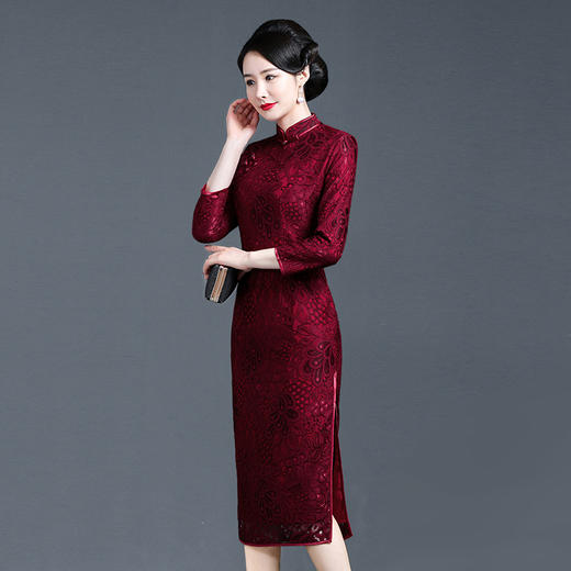 上海旗袍厂NBL-NZ242 枣红 秋冬季喜婆婆婚宴装蕾丝秋装加厚旗袍年轻款气质婚礼服 商品图1