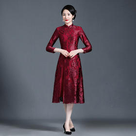 上海旗袍厂NBL-NZ240 酒红 冬天的旗袍内衬加厚酒红连衣裙嫁礼服大码喜婆婆婚宴秋装