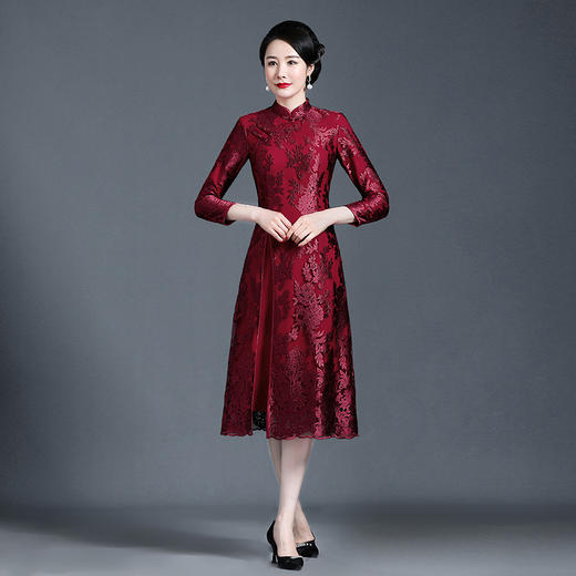 上海旗袍厂NBL-NZ240 酒红 冬天的旗袍内衬加厚酒红连衣裙嫁礼服大码喜婆婆婚宴秋装 商品图0