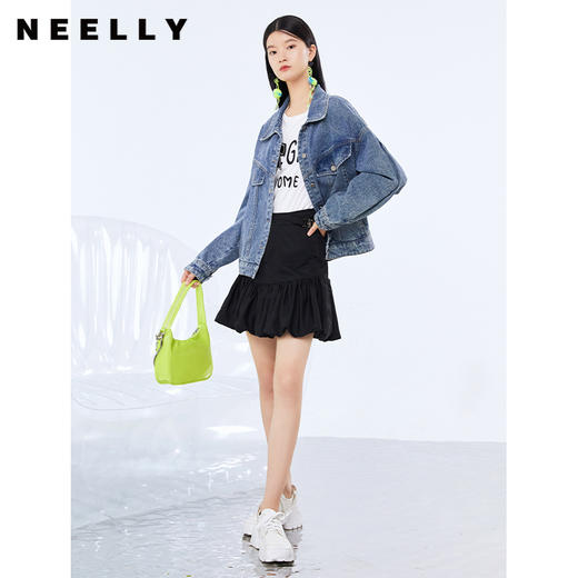 NEELLY纳俪商场同款黑色半身裙女褶皱拼接裙摆蓬蓬裙百搭A字裙N21081E01113 商品图3