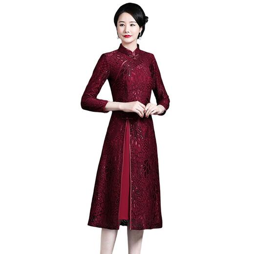 上海旗袍厂WD-WZ241枣红 喜婆婆婚宴装高贵连衣裙秋长袖年轻时尚小个子旗袍冬款加厚 商品图3