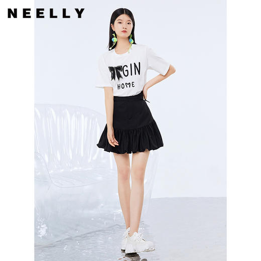NEELLY纳俪商场同款黑色半身裙女褶皱拼接裙摆蓬蓬裙百搭A字裙N21081E01113 商品图2