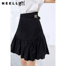 NEELLY纳俪商场同款黑色半身裙女褶皱拼接裙摆蓬蓬裙百搭A字裙N21081E01113