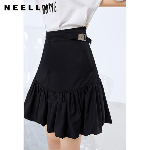 NEELLY纳俪商场同款黑色半身裙女褶皱拼接裙摆蓬蓬裙百搭A字裙N21081E01113 商品图0