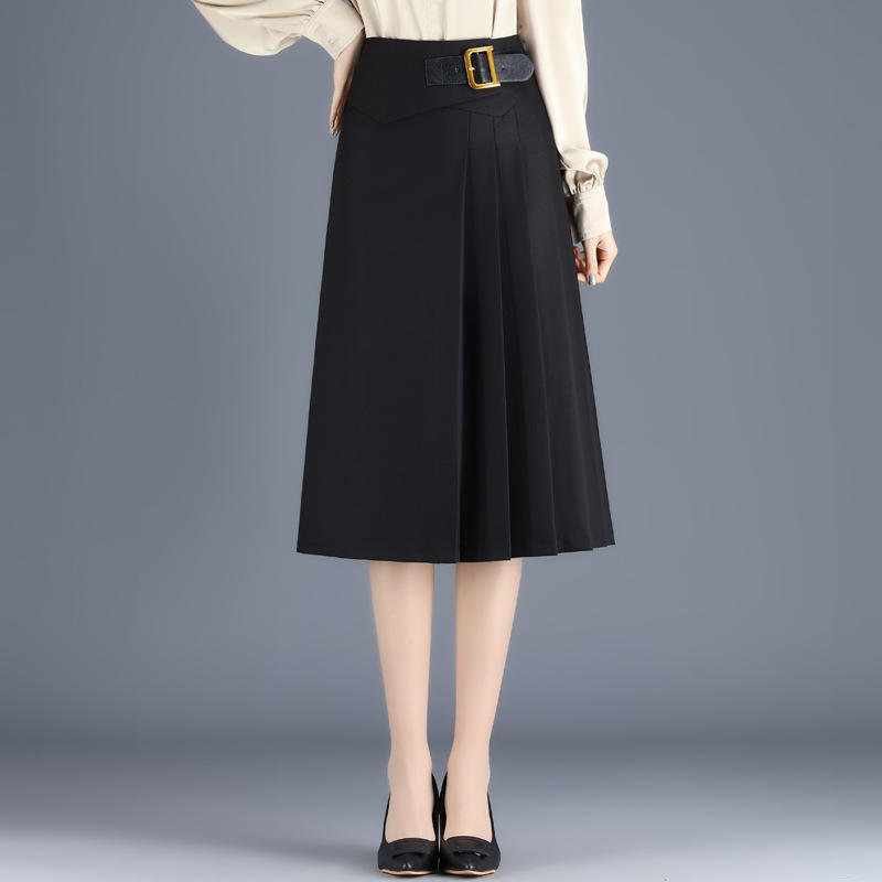 高腰中长款a字裙半身裙女初2021秋季百褶裙女裙垂感过膝职业裙【唐丝