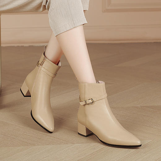 尖头靴子2021秋冬新款英伦风牛皮粗跟时尚单靴黑色高跟短靴女   OLD-7084ddd 商品图1