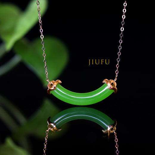 18K玫瑰金和田玉（碧玉）镶钻项链--倾城/玉衍5*27mm/链长39+2cm/苹果绿 商品图3