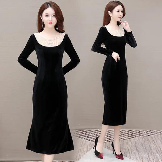 YWE-M21630秋装新款长袖女人味气质优雅金丝绒连衣裙 商品图1