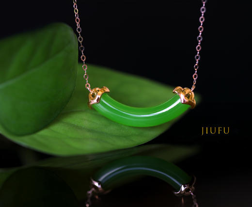 18K玫瑰金和田玉（碧玉）镶钻项链--倾城/玉衍5*27mm/链长39+2cm/苹果绿 商品图5