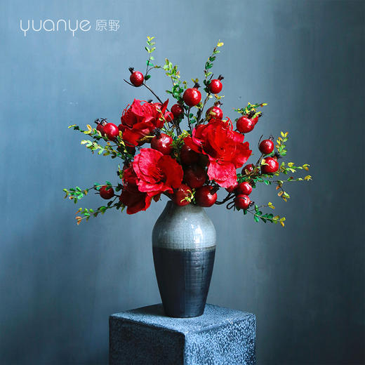 红色石榴花中式餐桌花装饰假花客厅玄关高端仿真花花艺套装摆设件 商品图3