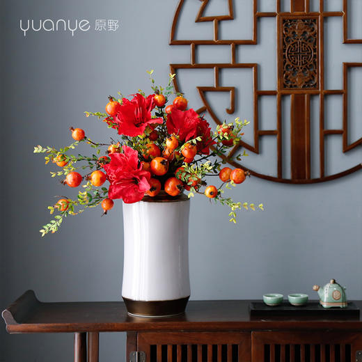 红色石榴花中式餐桌花装饰假花客厅玄关高端仿真花花艺套装摆设件 商品图1