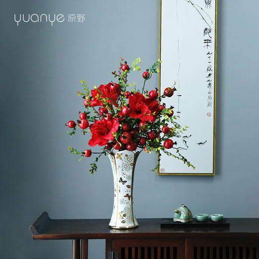 红色石榴花中式餐桌花装饰假花客厅玄关高端仿真花花艺套装摆设件 商品图2