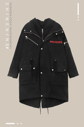 P93167577字母印花拉链装饰长款休闲帽衫风衣