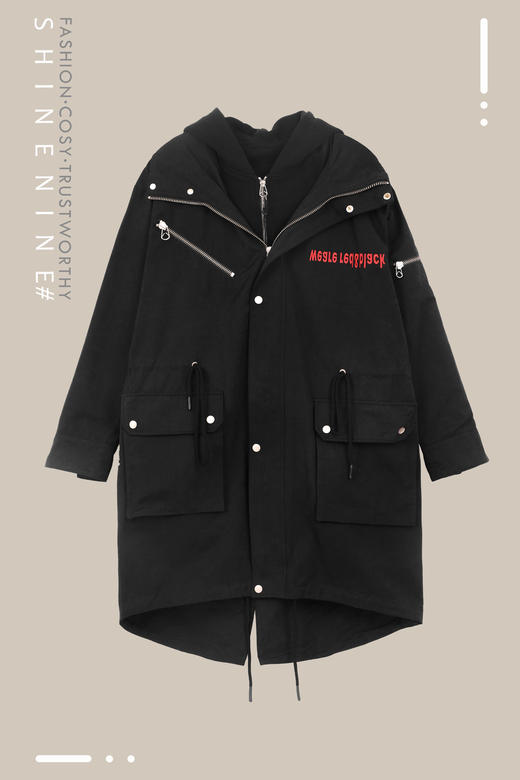 P93167577字母印花拉链装饰长款休闲帽衫风衣 商品图0