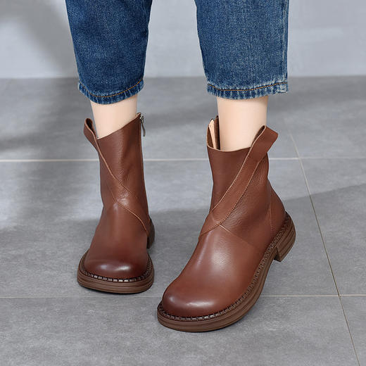 TN T93511-10真皮中跟短靴简约百搭低筒靴 商品图4