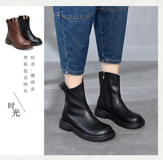 TN T93511-10真皮中跟短靴简约百搭低筒靴 商品图0
