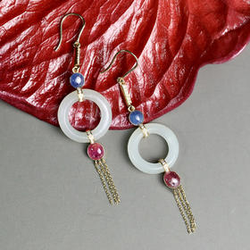 清代和田白玉环流苏耳环