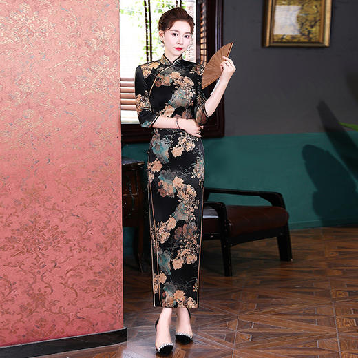 上海旗袍厂WX-2183桑蚕丝真丝旗袍中国风秋冬长袖女改良日常宴会优雅气质年轻款 商品图2