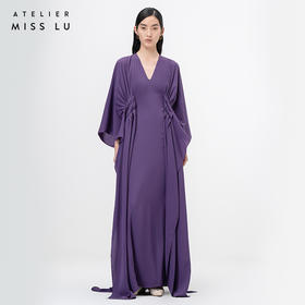 【行云流水】浓郁紫V领多层压褶立裁飘逸长裙/0000071B