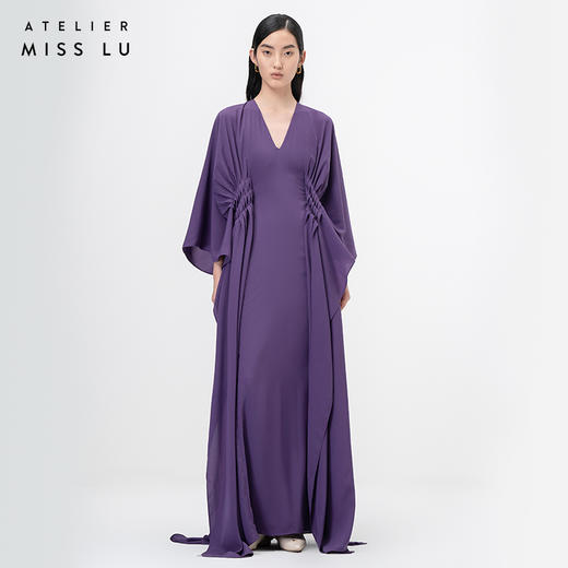 【行云流水】浓郁紫V领多层压褶立裁飘逸长裙/0000071B 商品图0