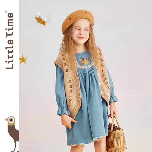 littletime女童灯芯绒文艺复古绣花连衣裙秋冬装中大儿童春秋裙子 商品图2
