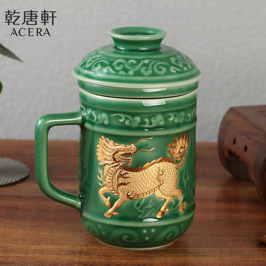乾唐轩麒麟献瑞三件杯（翡翠绿描金380ML） 商品图2