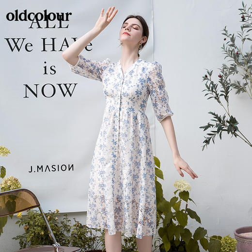 oldcolour秋季新品法式V领高腰显瘦气质碎花收腰中袖连衣裙BN31102017 商品图3