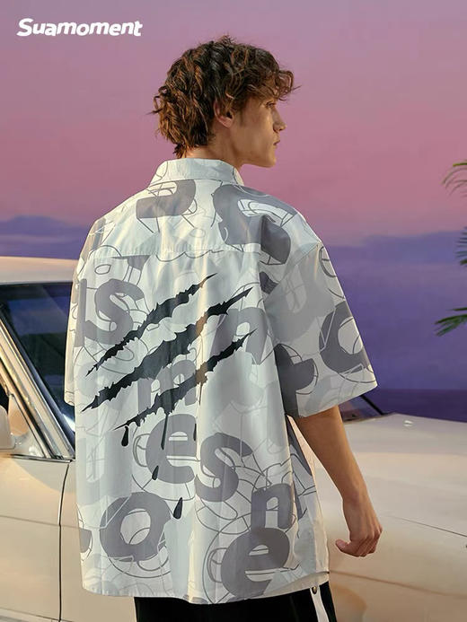 季末来货卖个寂寞！Suamoment抓痕满印乱序字母短袖衬衫男潮牌嘻哈衬衣外套设计感夏 商品图1