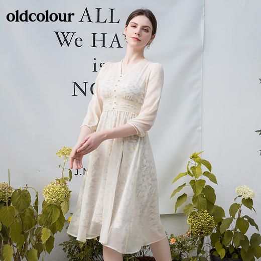 oldcolour秋季新款淑女气质两件套V领高腰七分袖连衣裙BN31103022 商品图2