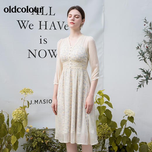 oldcolour秋季新款淑女气质两件套V领高腰七分袖连衣裙BN31103022 商品图4