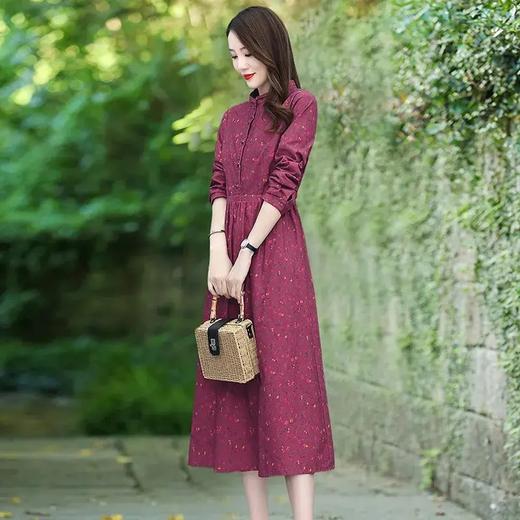 JXG-高端加厚棉麻磨毛碎花连衣裙女春秋2021新款气质显瘦胖mm长袖裙子 商品图1