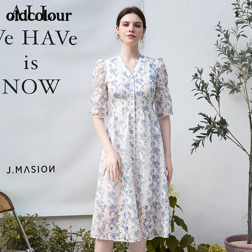 oldcolour秋季新品法式V领高腰显瘦气质碎花收腰中袖连衣裙BN31102017 商品图2