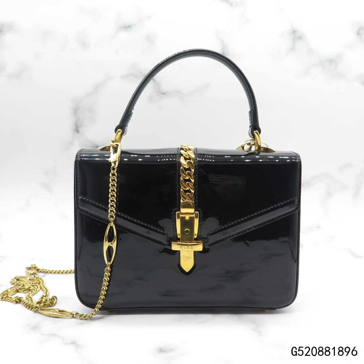 【二手9新】gucci/古驰sylvie 1969系列黑色漆皮迷你手提包/g