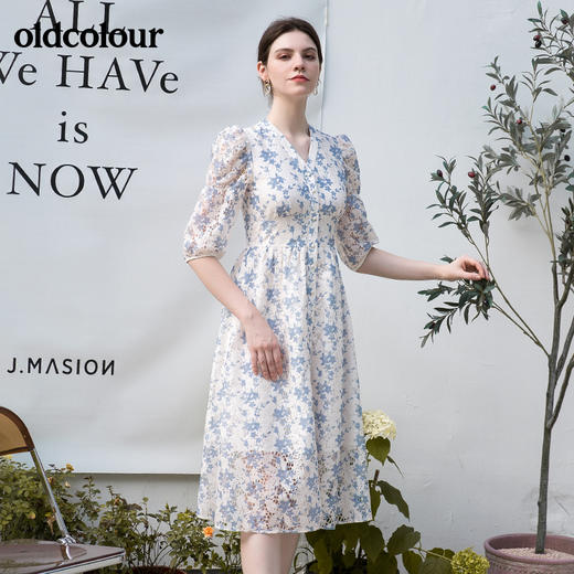 oldcolour秋季新品法式V领高腰显瘦气质碎花收腰中袖连衣裙BN31102017 商品图1
