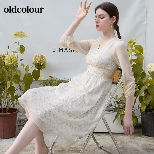 oldcolour秋季新款淑女气质两件套V领高腰七分袖连衣裙BN31103022 商品图1